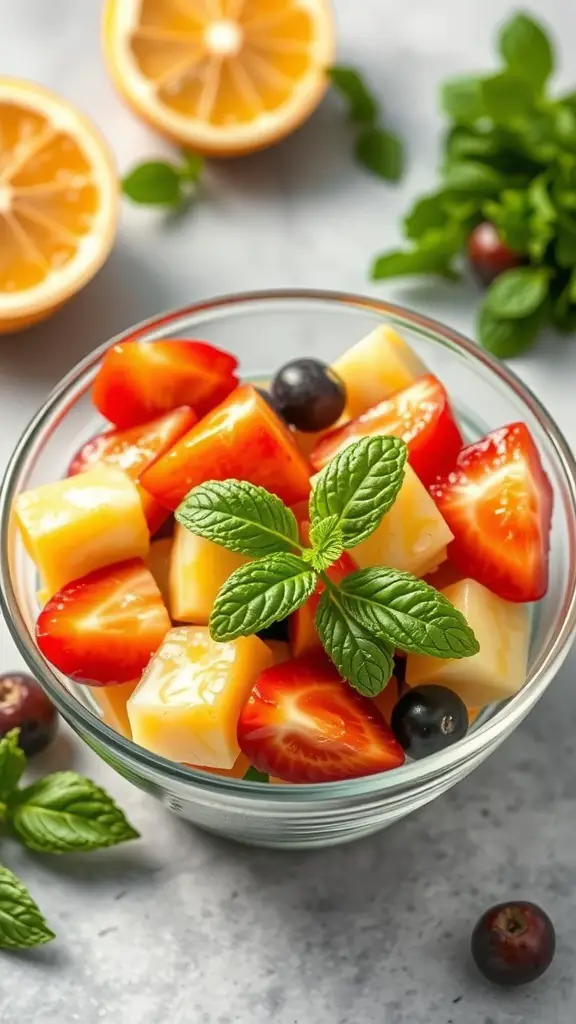 A bowl of fruit salad with strawberries, blueberries, and melon, garnished with mint leaves, alongside halved citrus fruits.