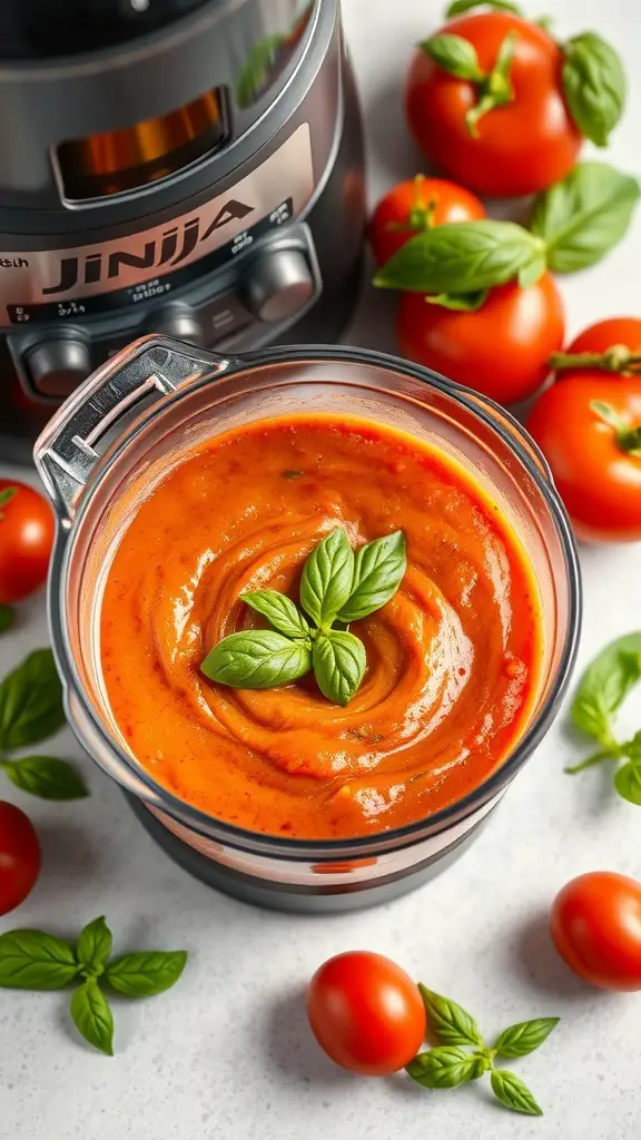 A bowl of creamy tomato basil pasta sauce with fresh tomatoes and basil leaves around it.