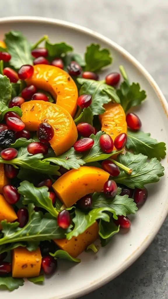 A vibrant winter squash salad with pomegranate seeds and greens on a plate.