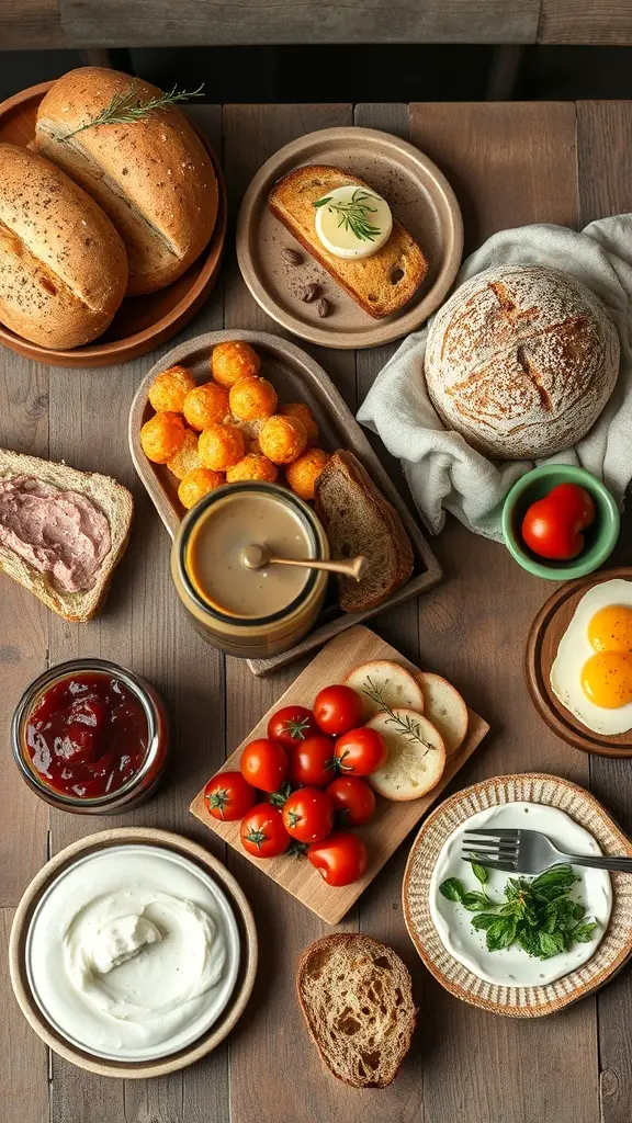 A brunch table with artisan bread, spreads, tomatoes, and other accompaniments.