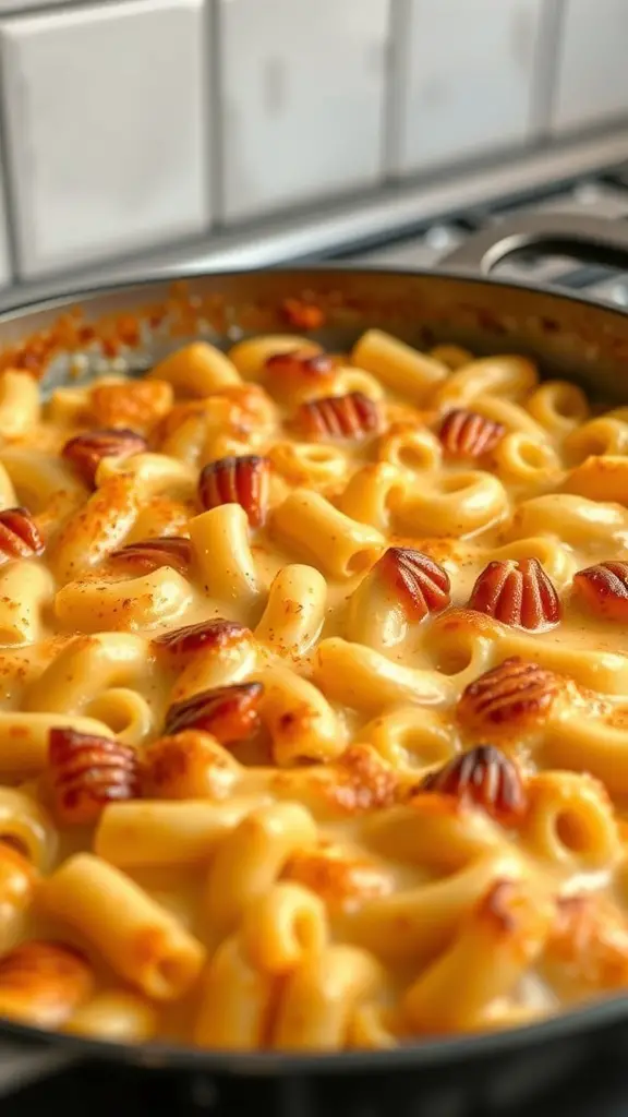 A pan of baked macaroni and cheese with a golden crust.