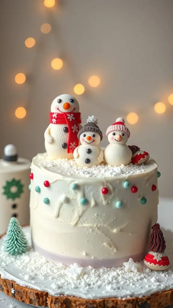 A winter wonderland cake featuring three snowman toppers, surrounded by festive decorations.