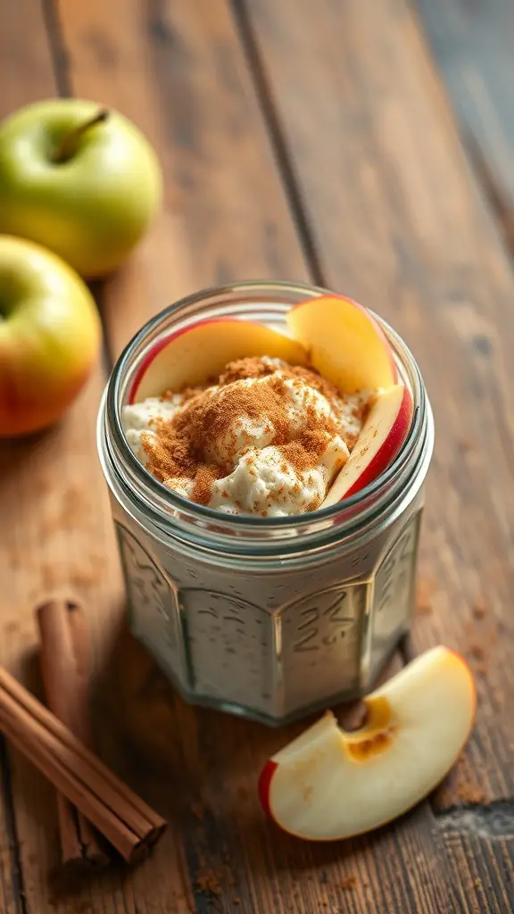 A jar of apple cinnamon overnight oats with apple slices and cinnamon sticks on a wooden table.