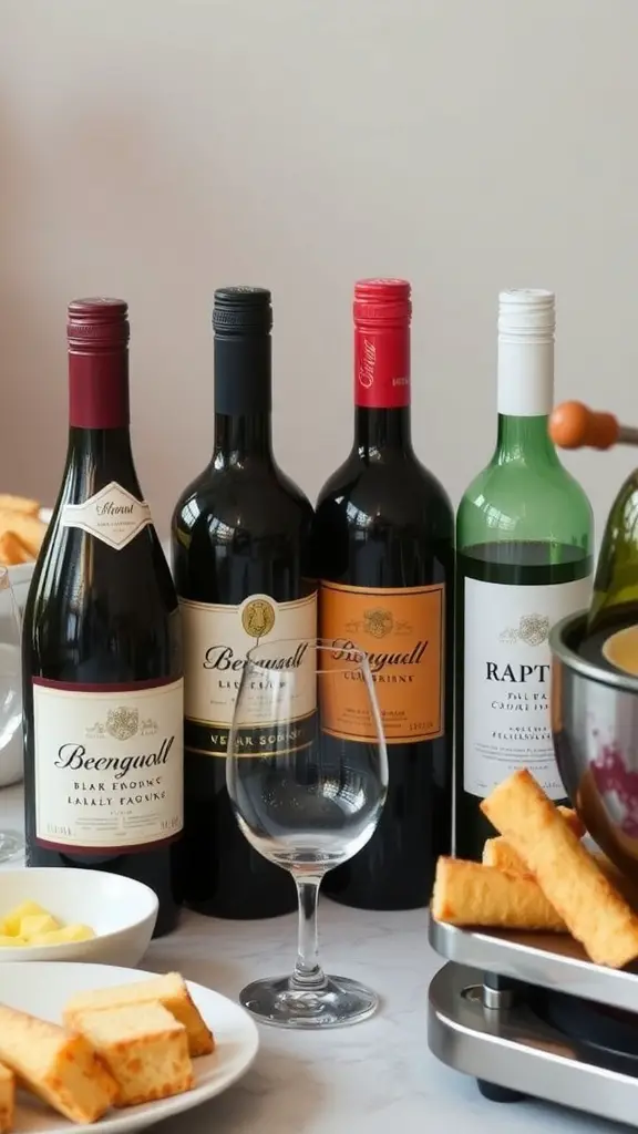 A selection of wines paired with fondue, featuring various bottles and a fondue pot with bread for dipping.
