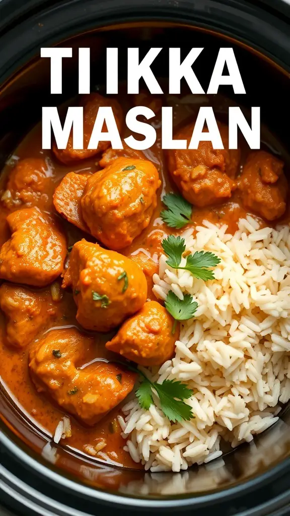 A bowl of Chicken Tikka Masala with basmati rice, garnished with cilantro.