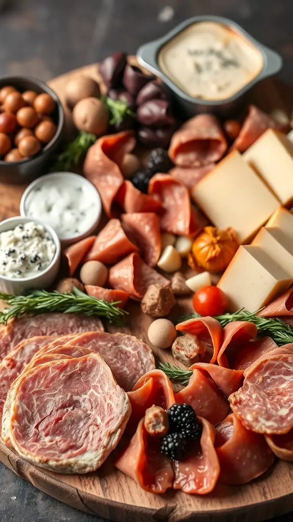 A winter charcuterie board featuring various meats, cheeses, and accompaniments.