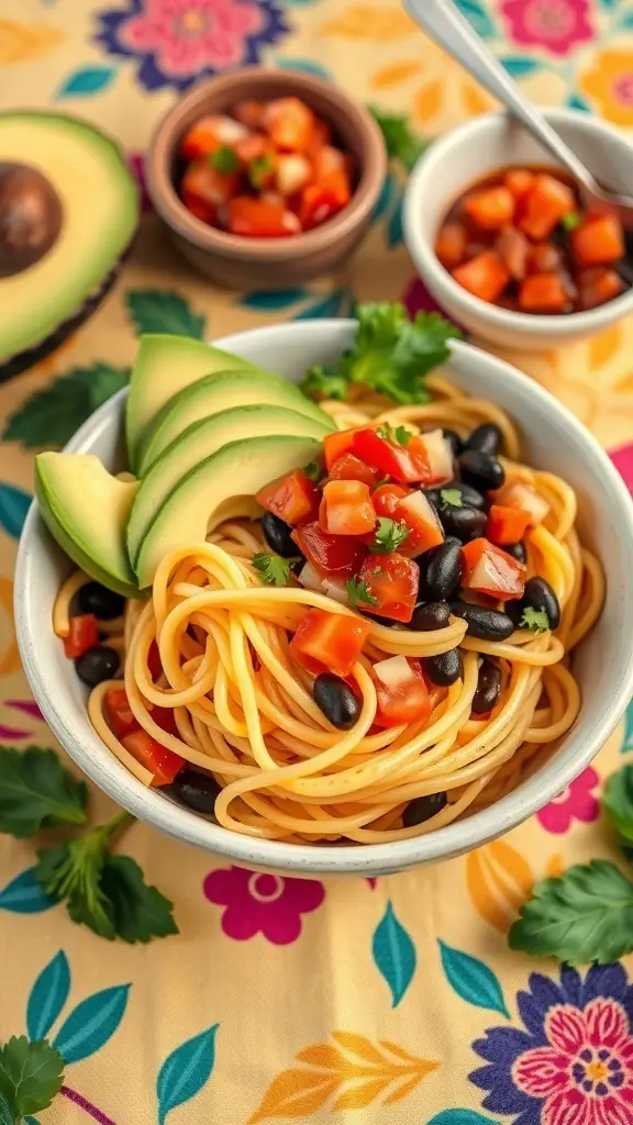A bowl of spaghetti squash topped with black beans, tomatoes, and avocado slices on a colorful tablecloth.