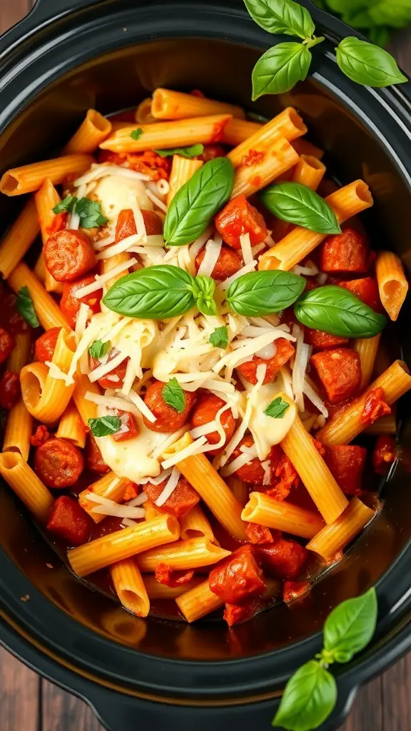 A delicious serving of baked ziti with Italian sausage in a crockpot, topped with cheese and fresh basil.