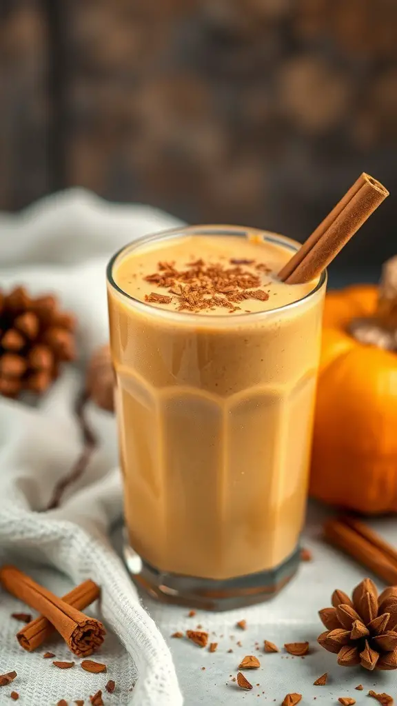 A creamy spiced pumpkin smoothie in a glass, garnished with cinnamon and surrounded by pumpkin and spices.