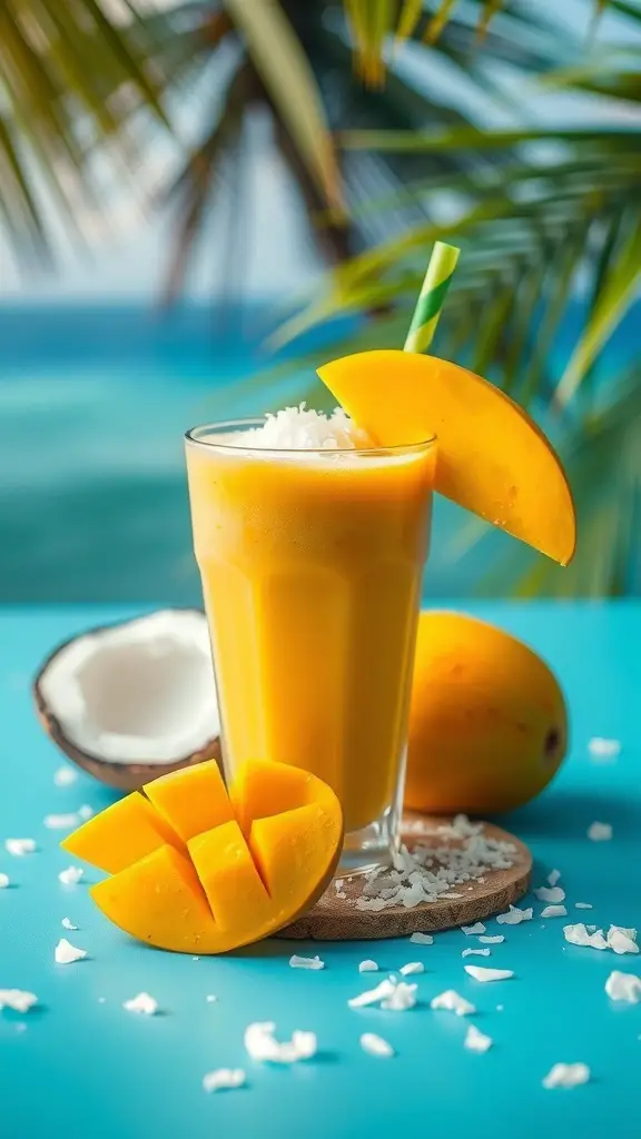 A refreshing mango coconut smoothie with fresh mango slices and coconut, set against a tropical background.