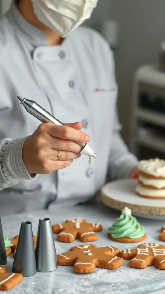 A person decorating gingerbread cookies with icing, holding a piping bag and surrounded by various cookie shapes.