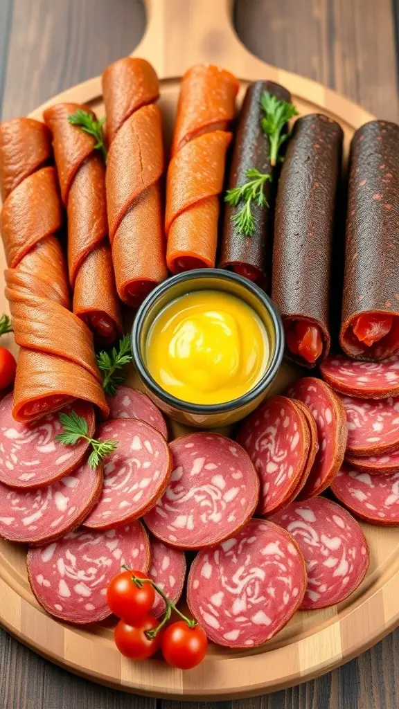 A wooden platter filled with various types of salami, a bowl of mustard, and cherry tomatoes.