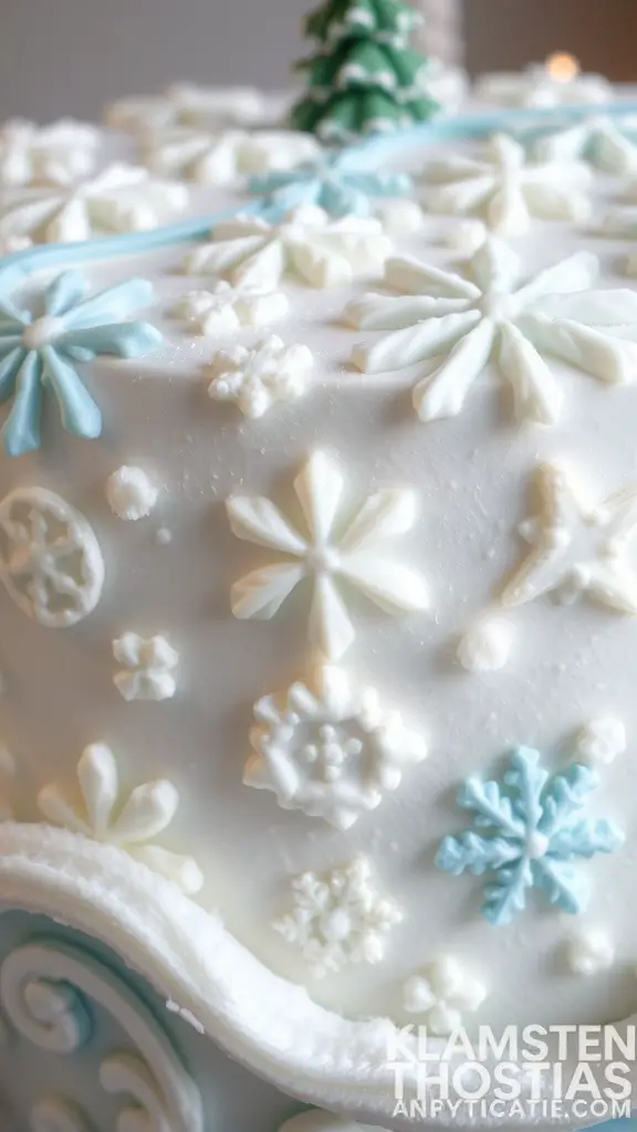 A beautifully decorated winter wonderland cake with snowflakes and a small tree.