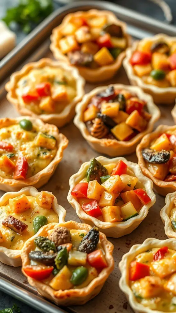 A tray of mini quiches filled with mixed vegetables in puff pastry shells.