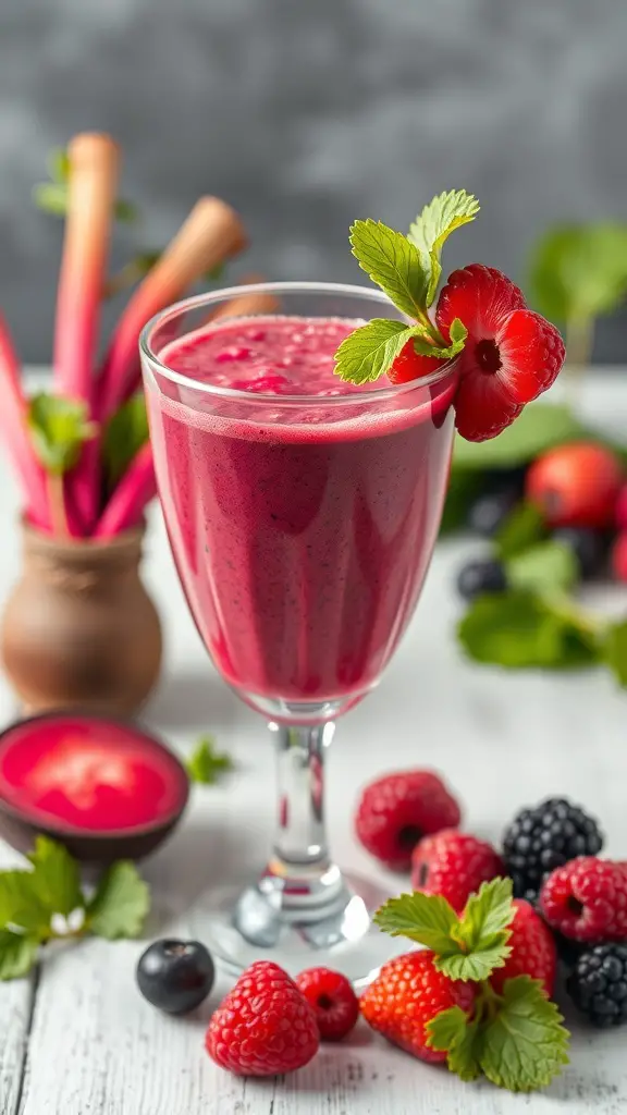 A vibrant beetroot and berry smoothie garnished with mint leaves, surrounded by fresh berries and rhubarb.