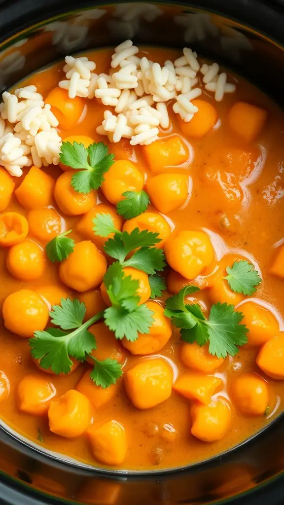 A bowl of spicy chickpea and sweet potato curry topped with cilantro and served with small pasta.