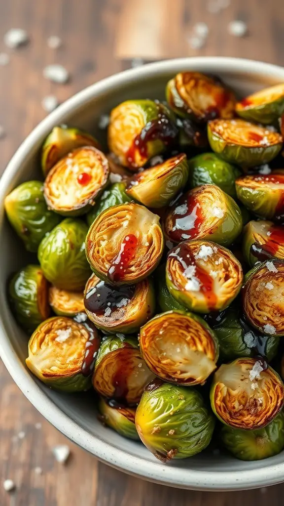 A bowl of roasted Brussels sprouts drizzled with balsamic glaze and sprinkled with salt.