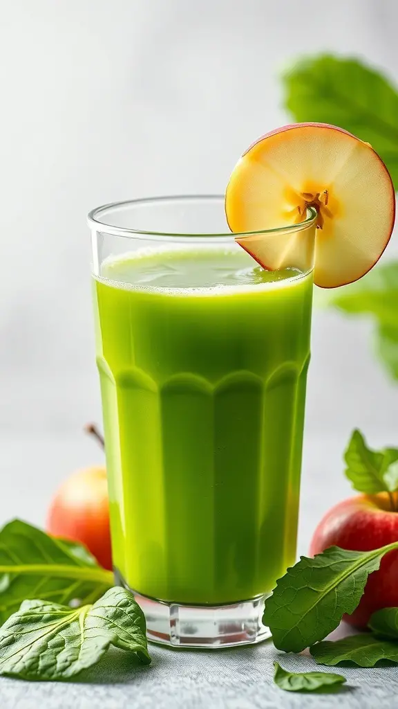 A glass of green spinach and apple juice garnished with a slice of apple, surrounded by fresh spinach leaves and apples.