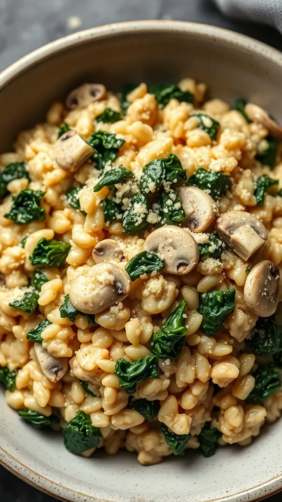 A bowl of creamy mushroom and kale risotto topped with nutritional yeast.
