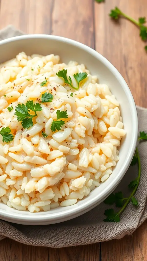 A bowl of creamy garlic parmesan risotto garnished with parsley.