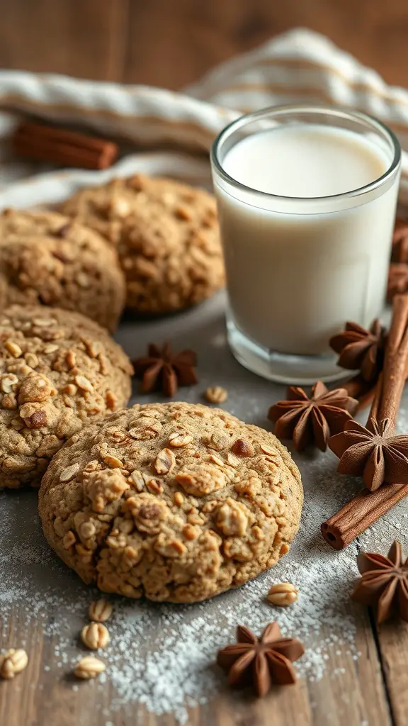 A plate of winter spice oatmeal cookies with a glass of milk and spices