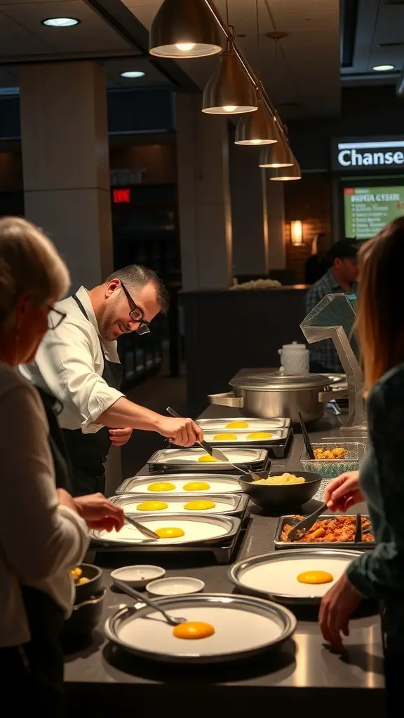 A chef preparing omelets at an interactive brunch buffet station.