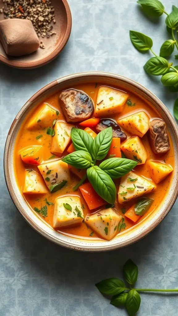 A bowl of Thai coconut curry with tofu, featuring colorful vegetables and fresh basil.