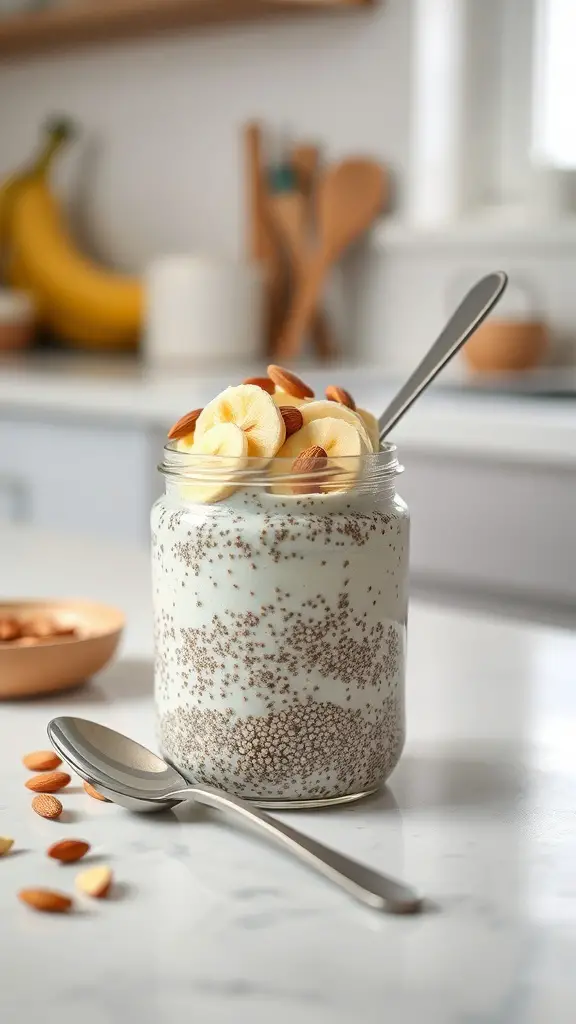 Chia seed pudding in a jar topped with banana slices and almonds