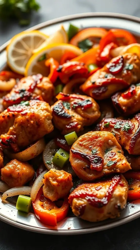 A plate of air fryer chicken fajitas with colorful bell peppers and onions