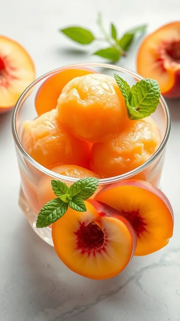 A glass of peach sorbet with mint leaves and peach halves