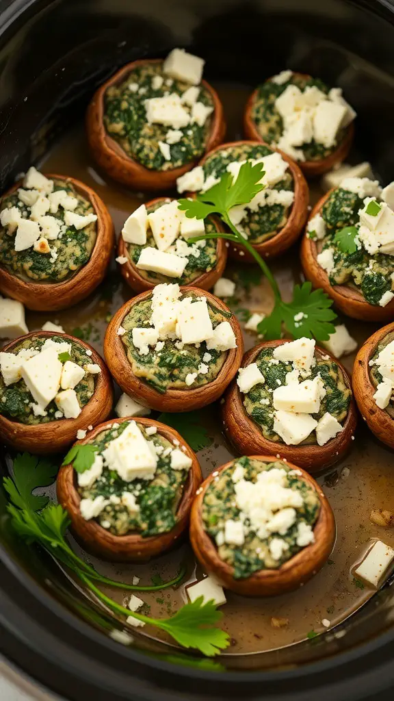 Crockpot filled with spinach and feta stuffed mushrooms