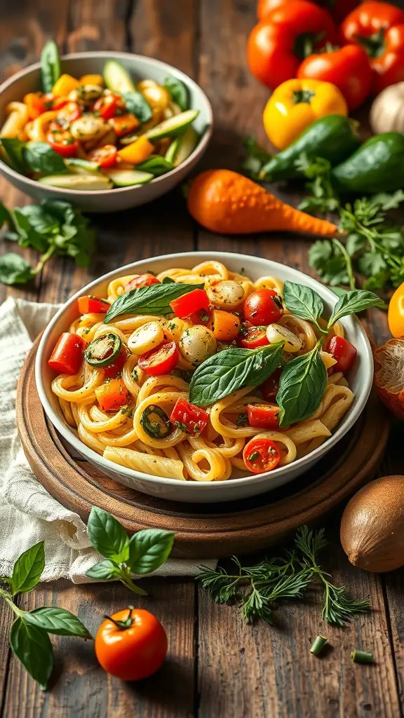 A colorful bowl of Pasta Primavera with seasonal vegetables, garnished with fresh basil.
