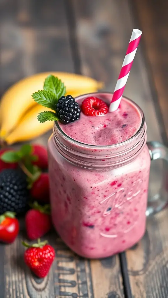 A delicious Berry Blast Smoothie in a mason jar with a striped straw, surrounded by fresh berries and a banana.