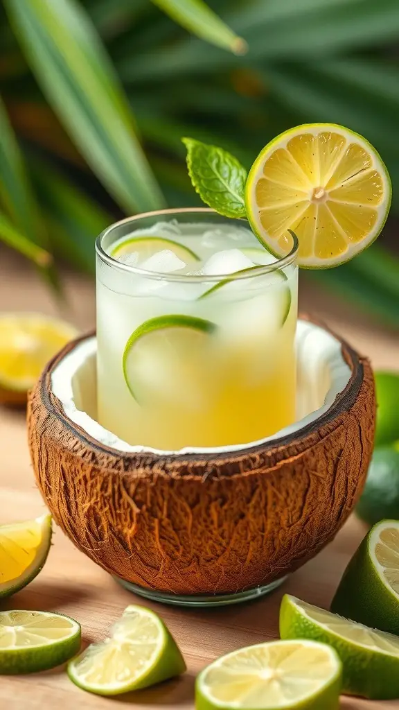 A refreshing coconut lime drink served in a coconut shell with lime wedges.