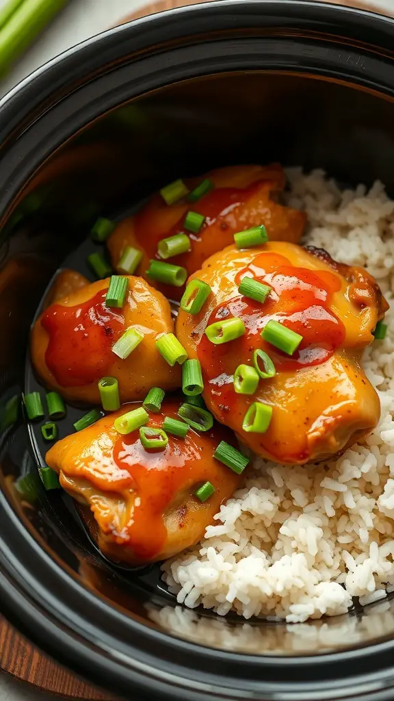 Honey garlic chicken thighs served over rice with green onions