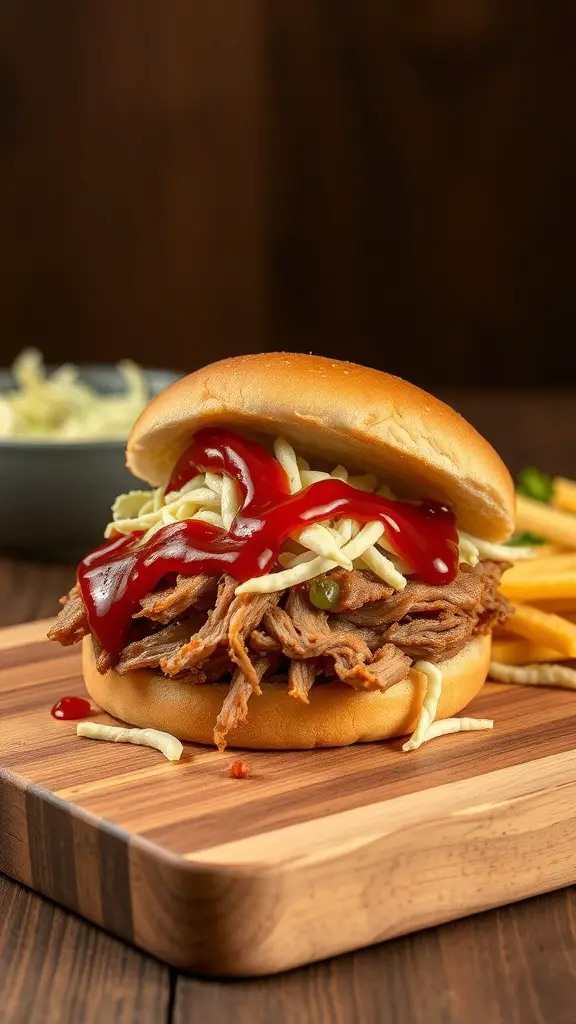Pulled pork sandwich with coleslaw and ketchup on a wooden cutting board