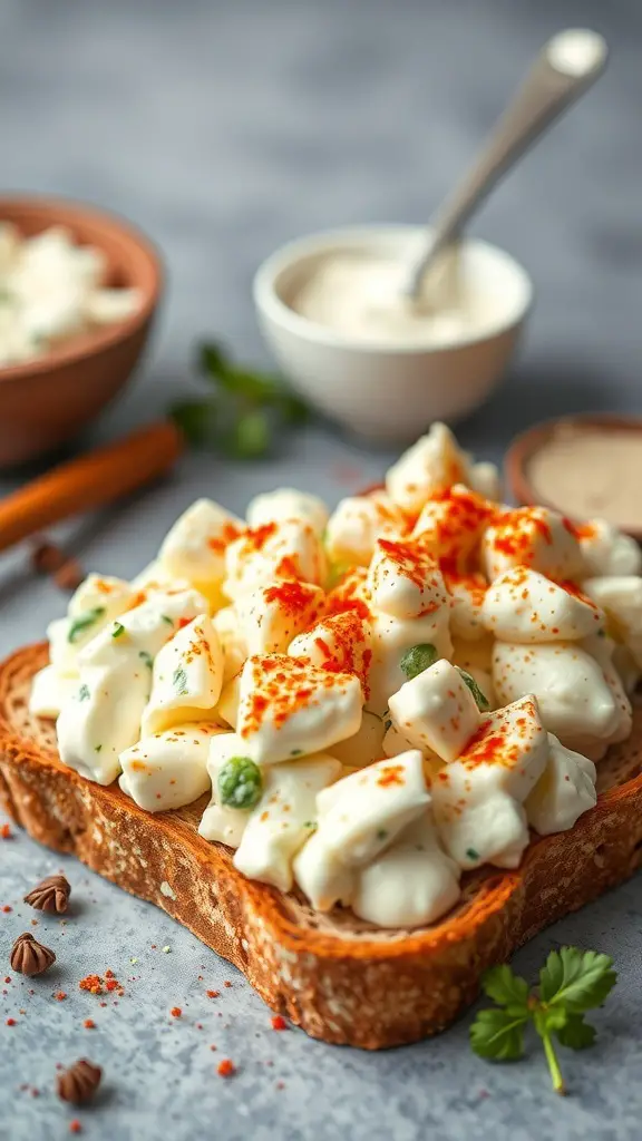 A delicious egg salad on whole-grain bread, topped with paprika and garnished with herbs.