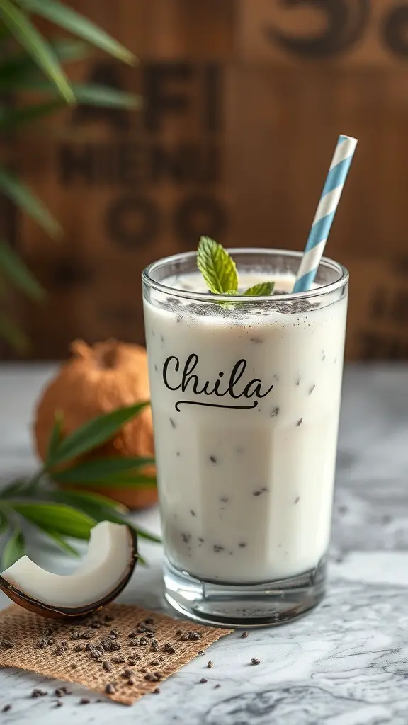 A glass of Coconut Chia Energy Booster with mint, coconut, and chia seeds