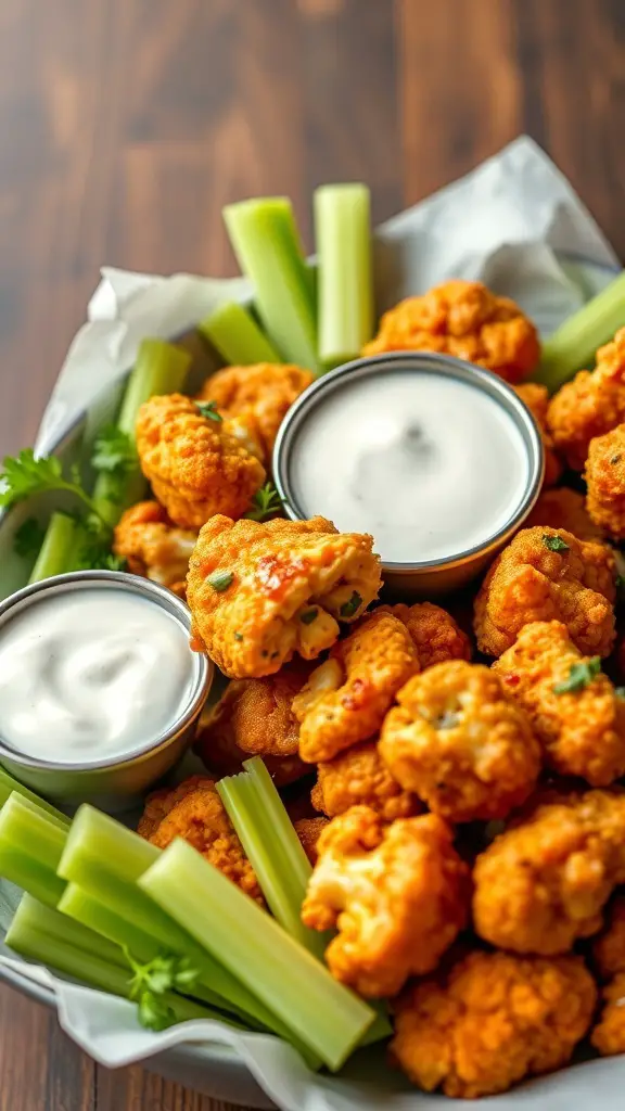 A bowl of crispy cauliflower buffalo wings served with celery sticks and dipping sauce