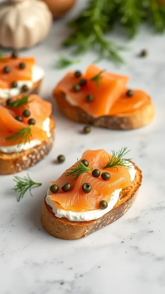 Crostini topped with smoked salmon, cream cheese, capers, and dill on a marble surface.