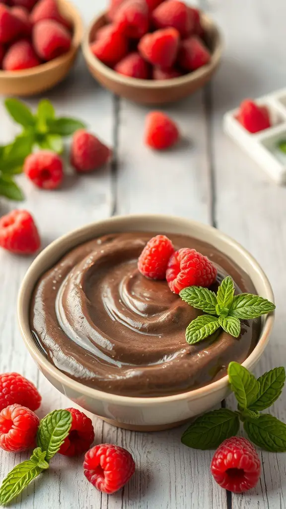 A bowl of chocolate avocado pudding topped with raspberries and mint leaves.