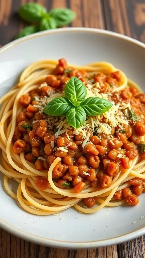 A plate of spaghetti topped with lentil bolognese sauce and fresh basil.