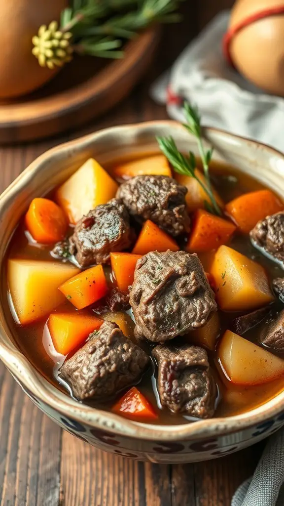 A bowl of beef stew with root vegetables including carrots and potatoes.