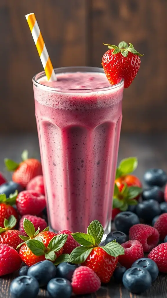 A refreshing berry smoothie in a glass, surrounded by fresh strawberries, blueberries, and raspberries.