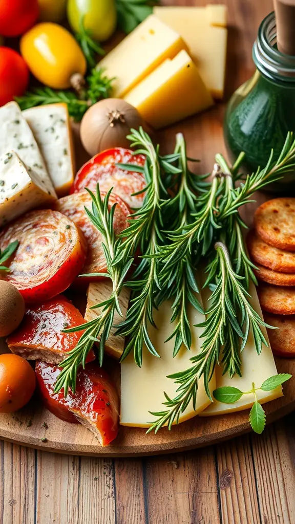 A charcuterie board featuring various cheeses, meats, and fresh herbs like rosemary.