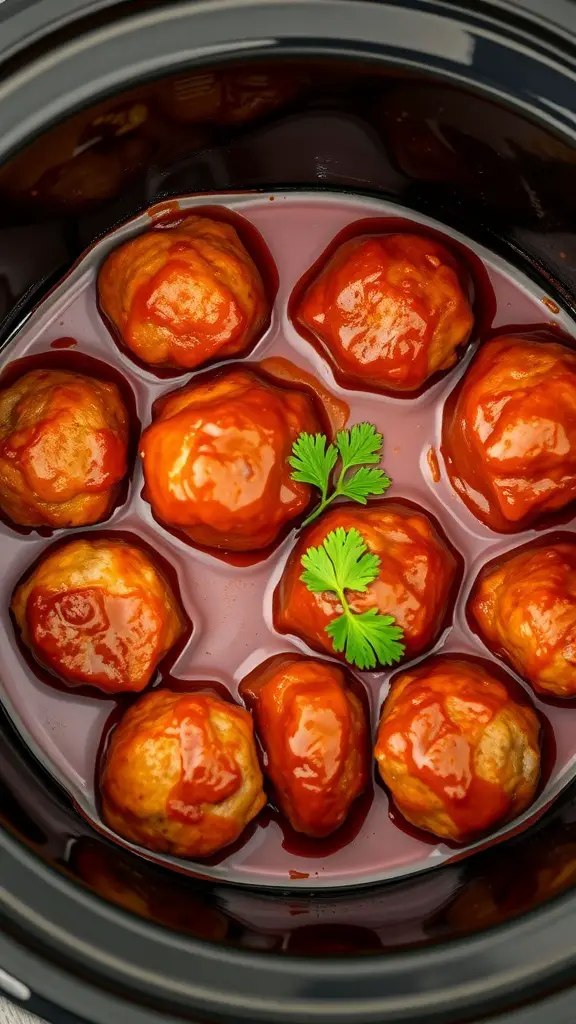 Crockpot BBQ meatballs in sweet sauce with a sprig of cilantro on top.