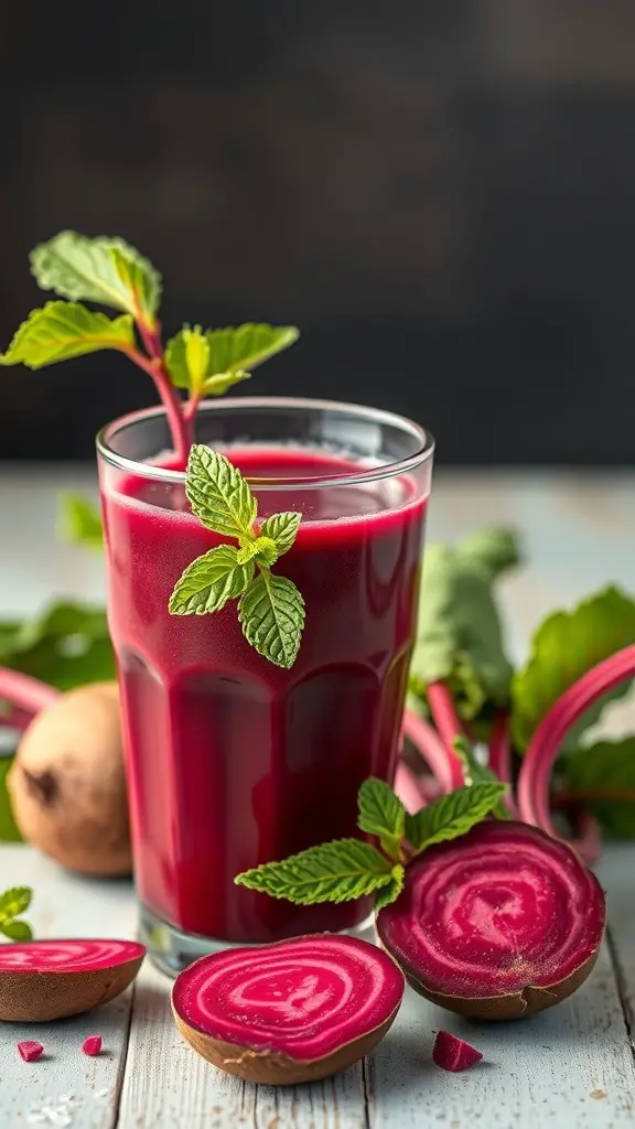 A glass of vibrant beetroot juice garnished with mint leaves, surrounded by fresh beetroots and greens.