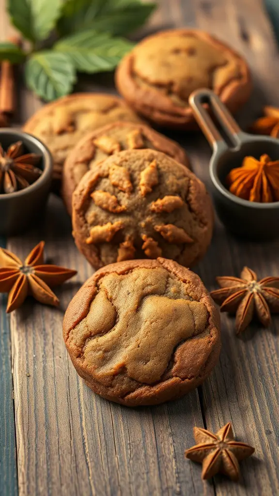 A close-up of spiced molasses cookies with star anise and cinnamon sticks on a wooden surface.