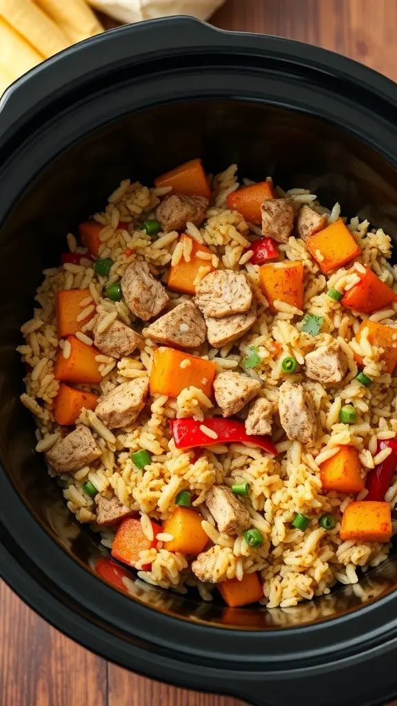 A close-up view of crockpot turkey jambalaya with rice, turkey pieces, and colorful vegetables.