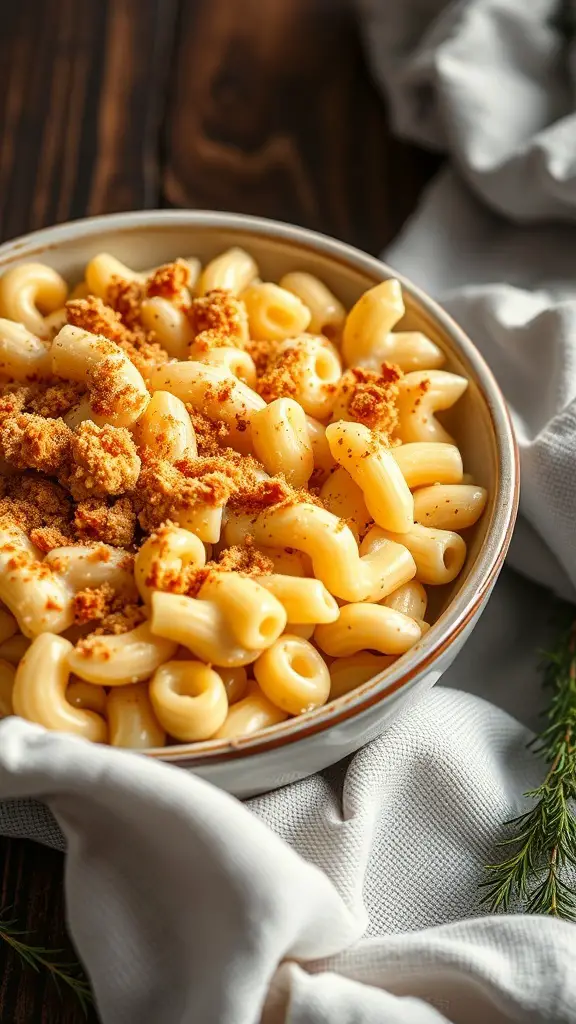 A bowl of macaroni and cheese topped with breadcrumbs